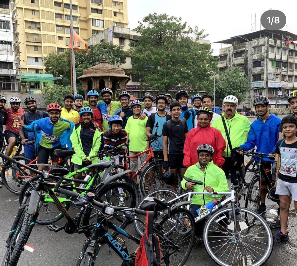 all the children and adult riders ready for the cycling marathon with their cycles sponsored by our cycle shop the cycle wala